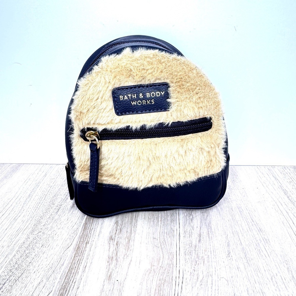 Bath And Body Works Mini Backpack Cosmetic Bag Navy Blue Tan Fur - Picture 2 of 8